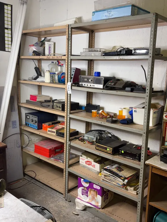 Metal Utility Shelving Units with Workshop Radios and Supplies