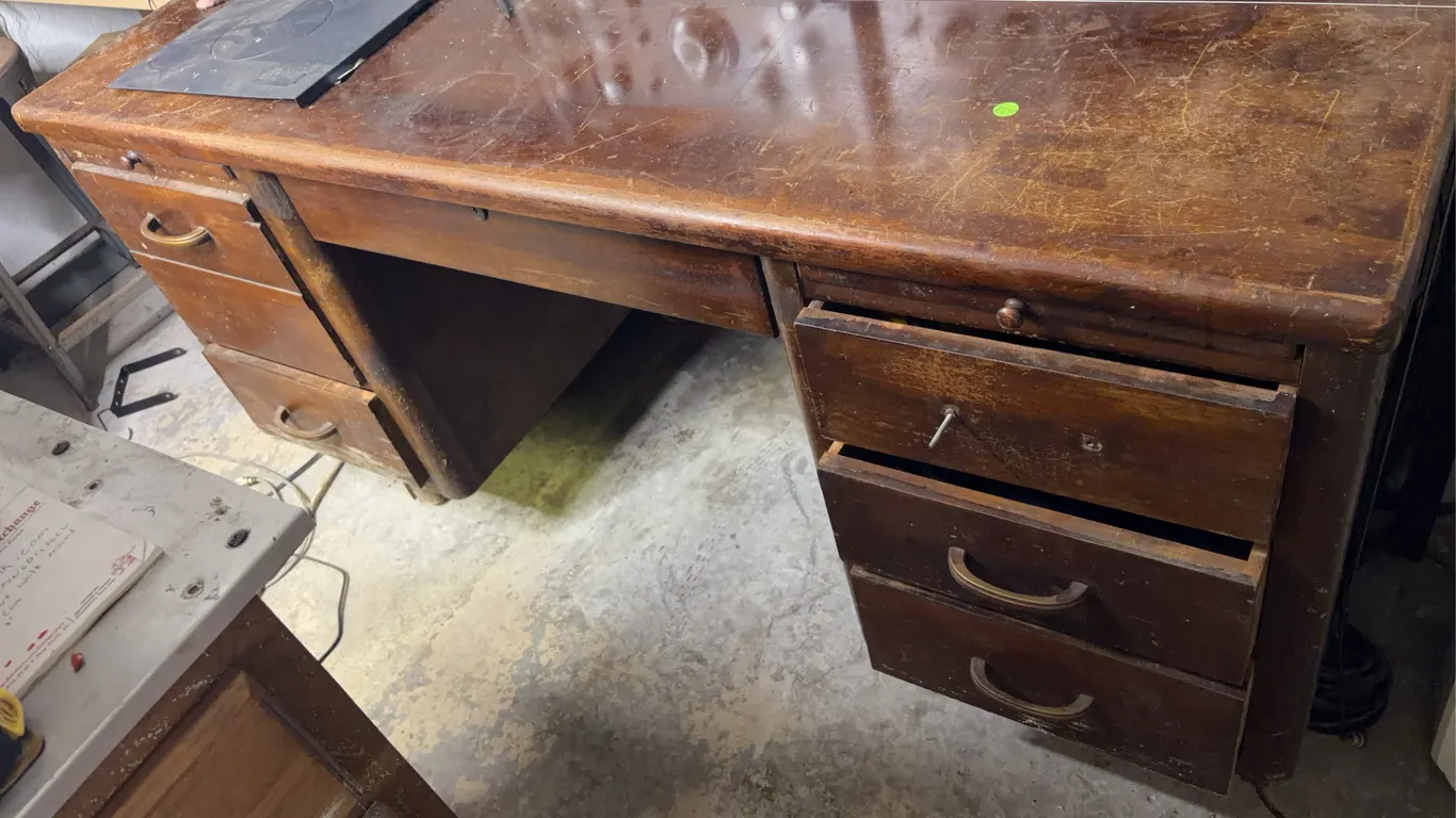 Solid Wood Teacher Desk with Contents Radio Equipment and Hardware