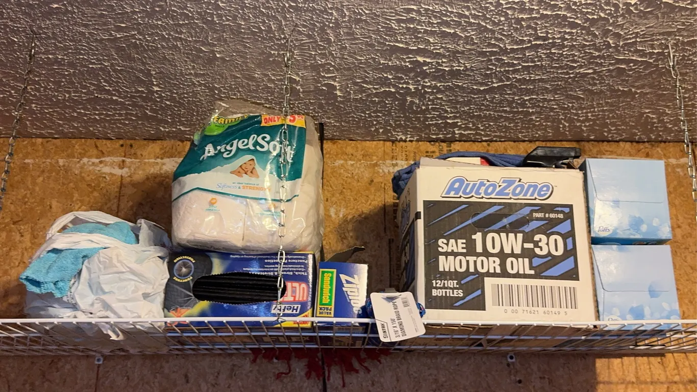 Assorted Household Cleaning and Utility Supplies with Wire Shelf