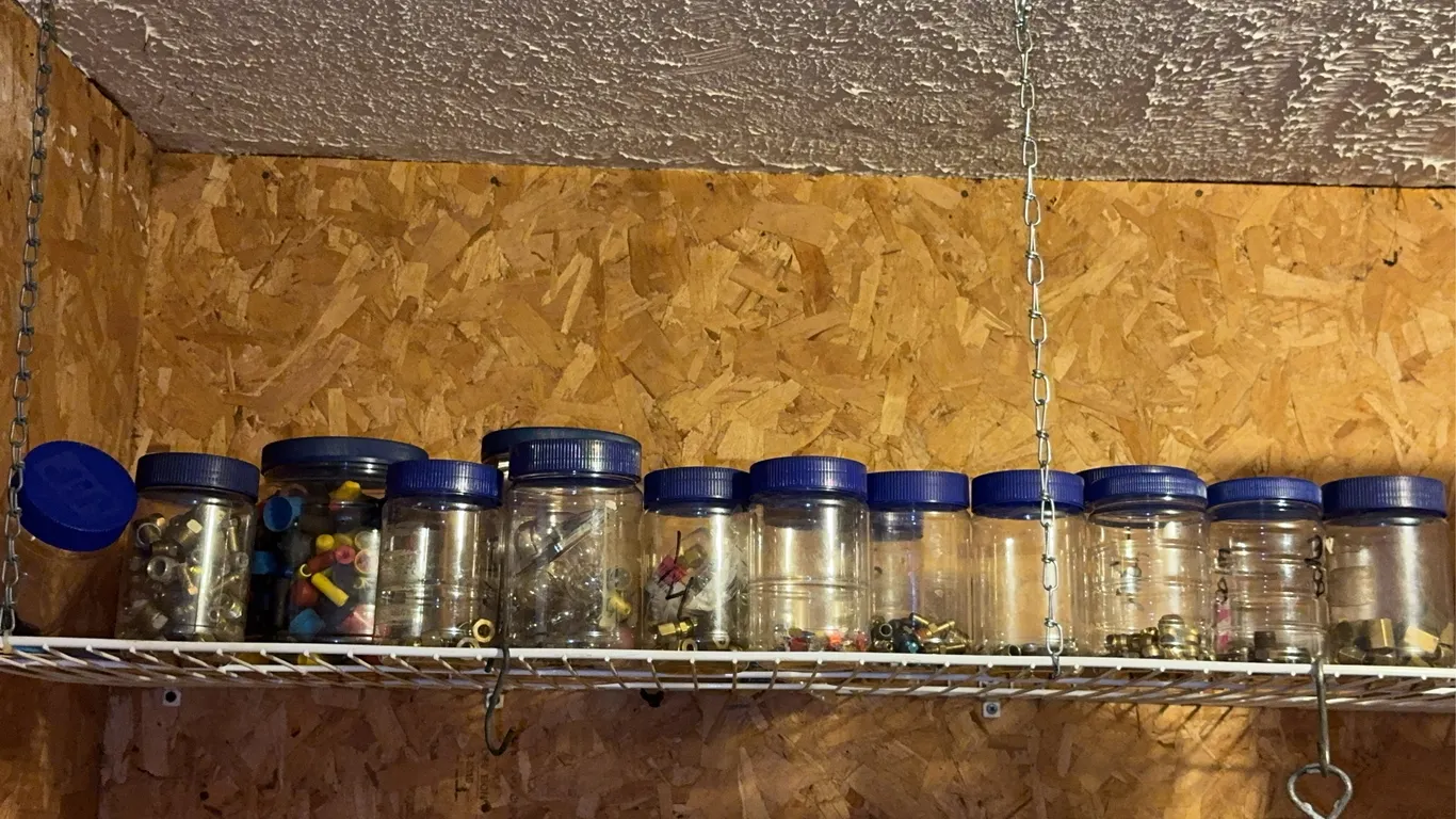 Workshop Storage Jars Assorted Hardware and Hanging Wire Shelf