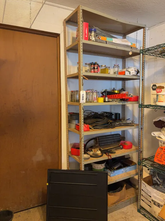 Industrial Metal Utility Shelving Unit with Garage Hardware and Contents