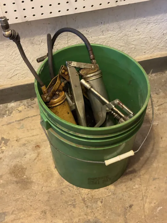 Assorted Lever Action Grease Guns and Lubrication Tools with Bucket