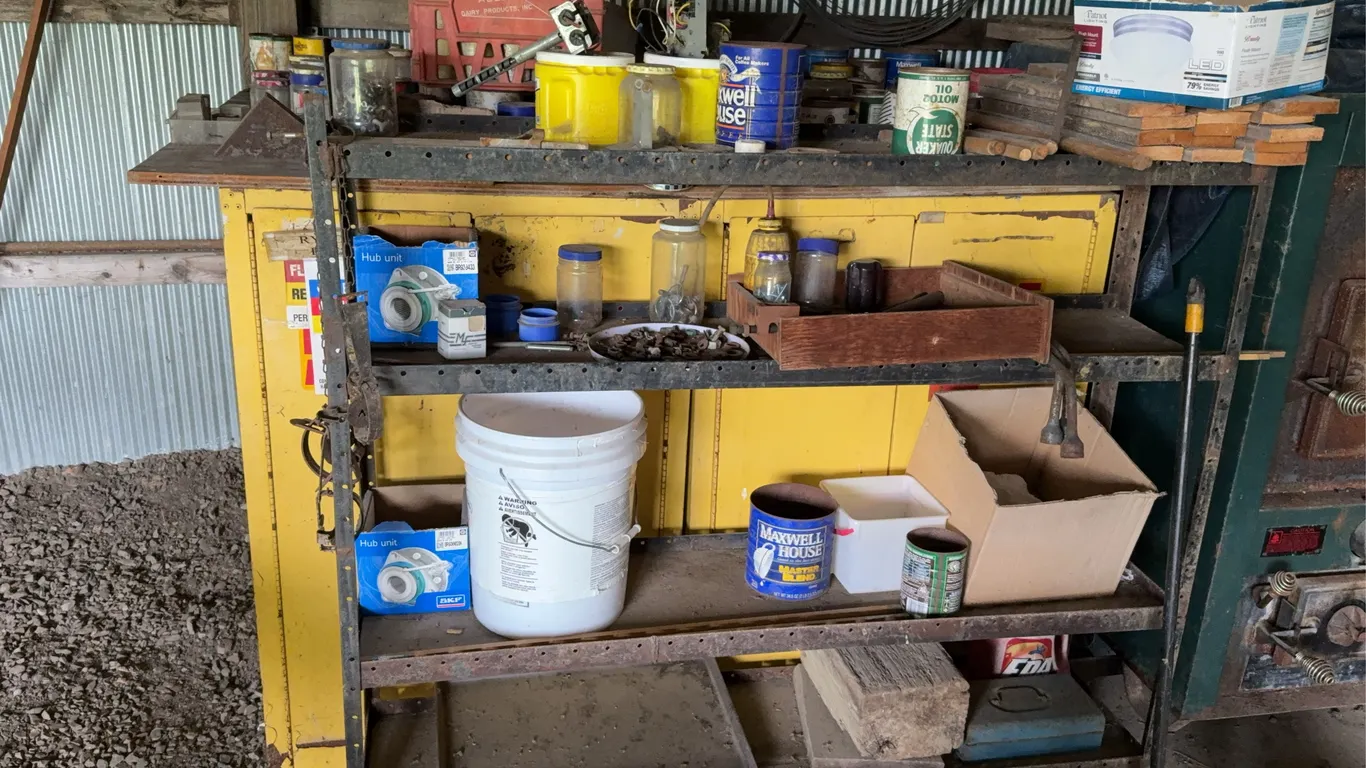 Industrial Metal Utility Shelving Unit with Workshop Contents and Hardware