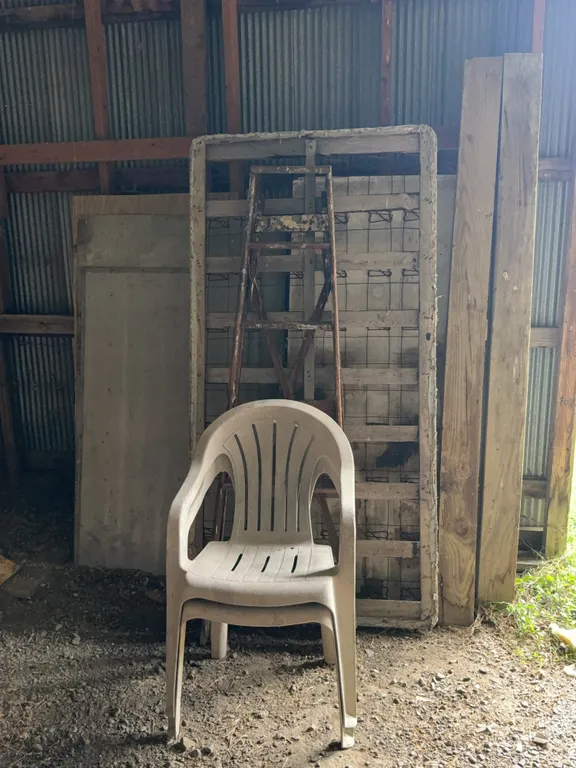Assorted Reclaimed Lumber Wooden Stepladder and Plastic Patio Armchairs