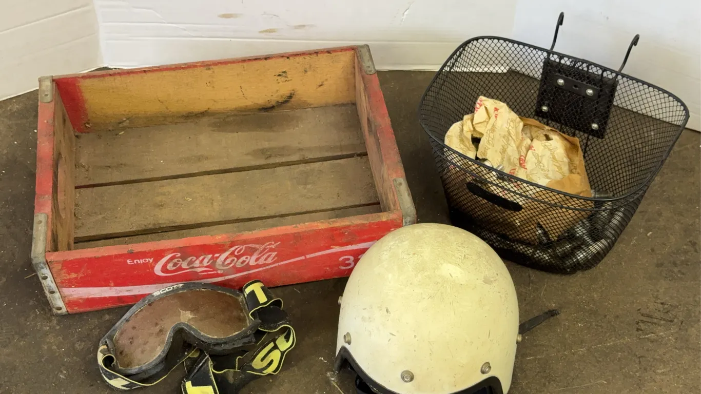 Coca-Cola Wooden Crate Motorcycle Half Helmet Scott Goggles Wire Basket Lot