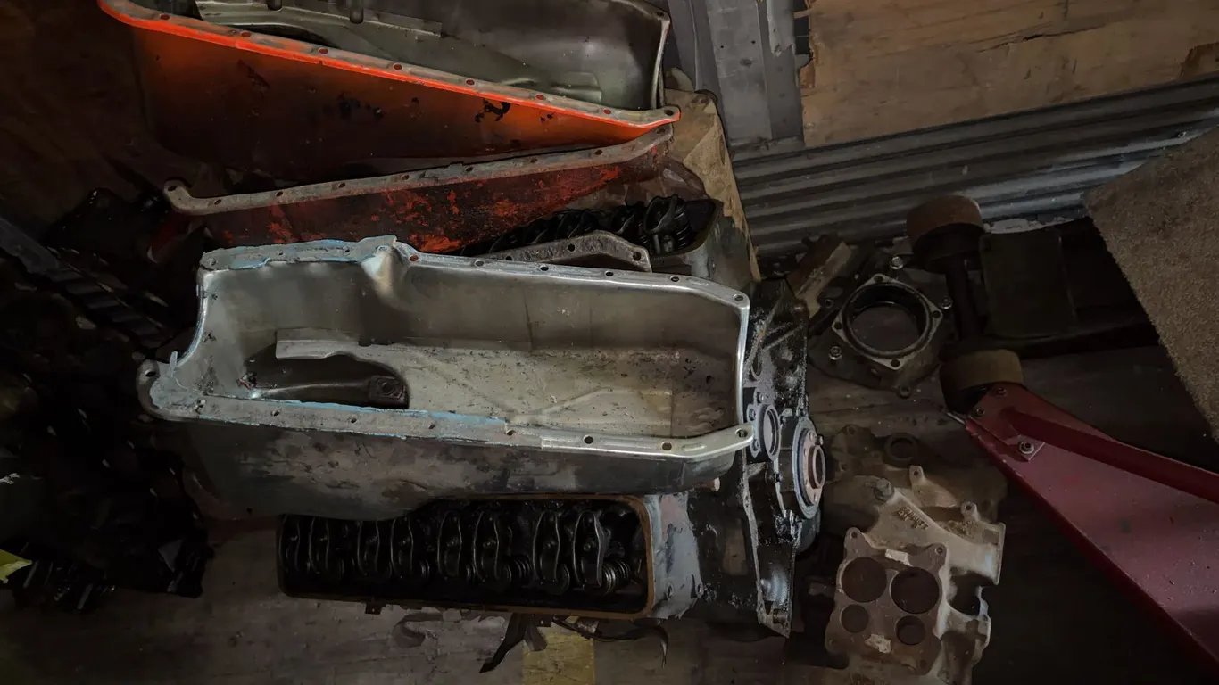 Chevrolet V8 Engine Block With Quadrajet Intake Manifold and Oil Pans