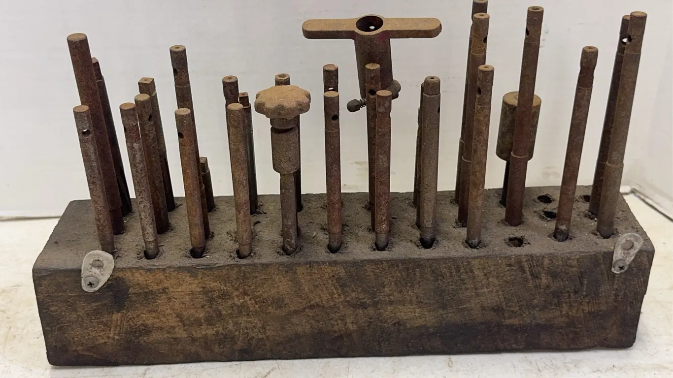 Antique Valve Guide Reamer and Pilot Tool Set With Wooden Stand