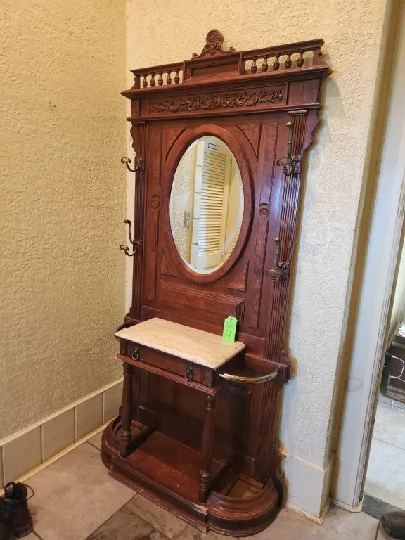 Hall Tree w/ Marble Table Top w/ Drawer & Mirror