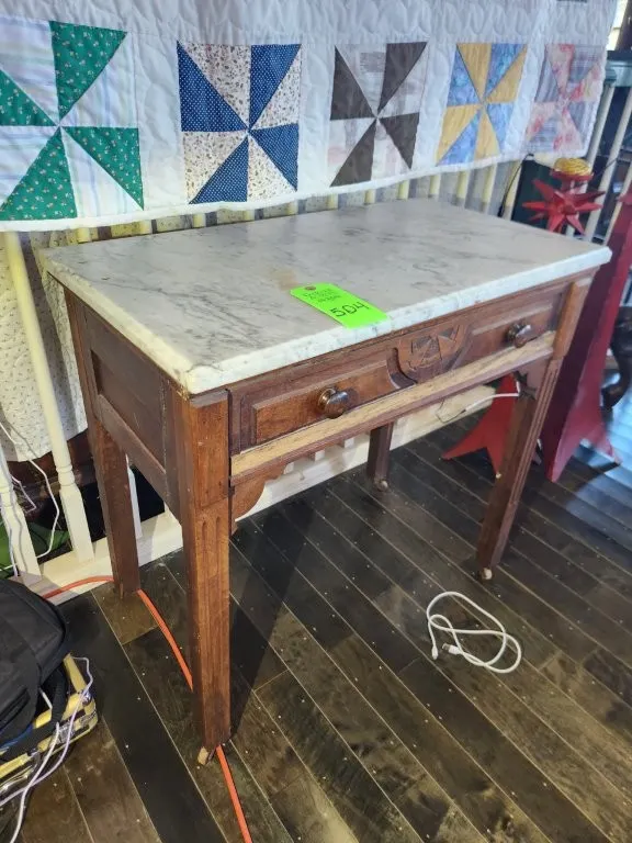 Marble Top Wooden Table on Casters w/ Drawer