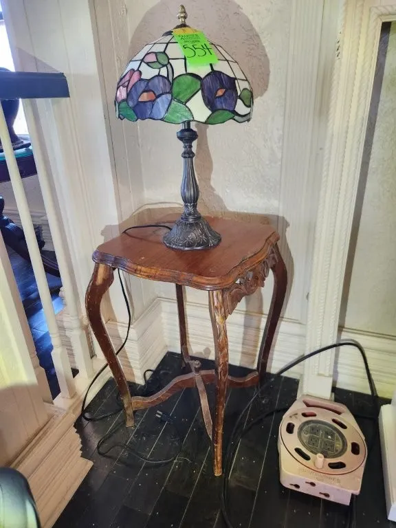 Tiffany-Style Lamp Acrylic/Resin Faux Glass w/ End Table