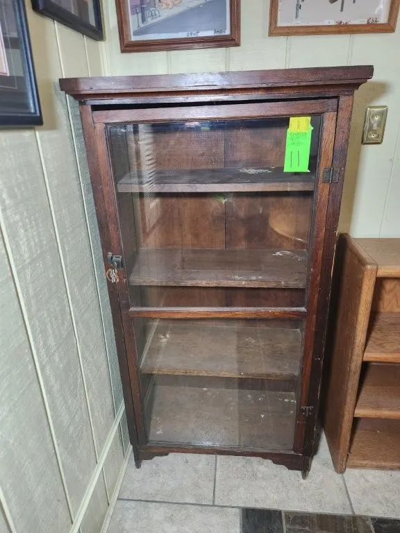 Vintage Wood Display Cabinet w/ Glass Door