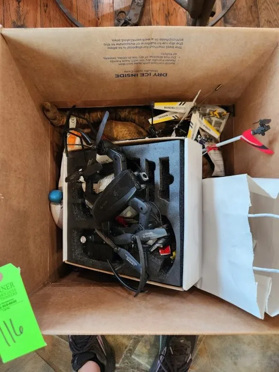Drone, Remote Control Helicopter, & Toys in Box