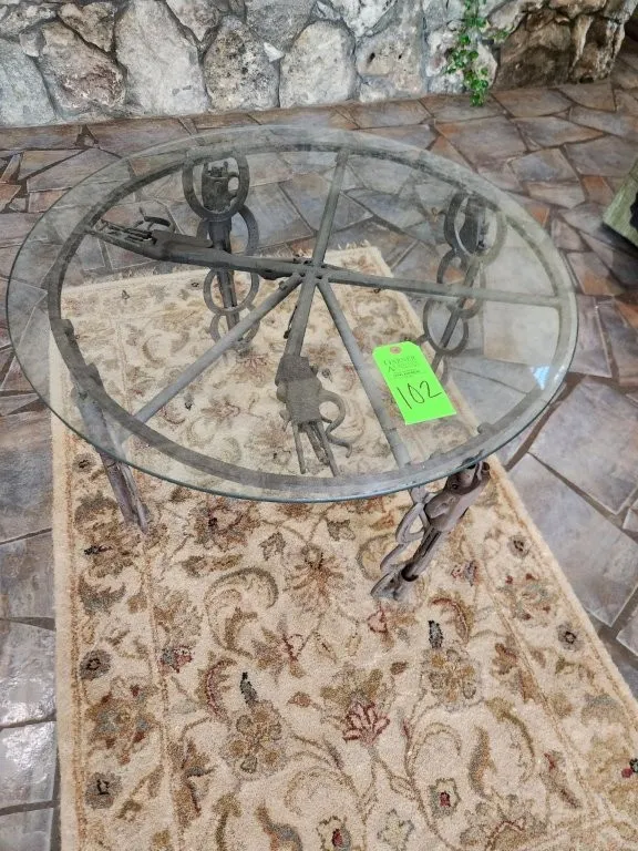 Glass Top Round Shotgun/Horseshoe Base Table