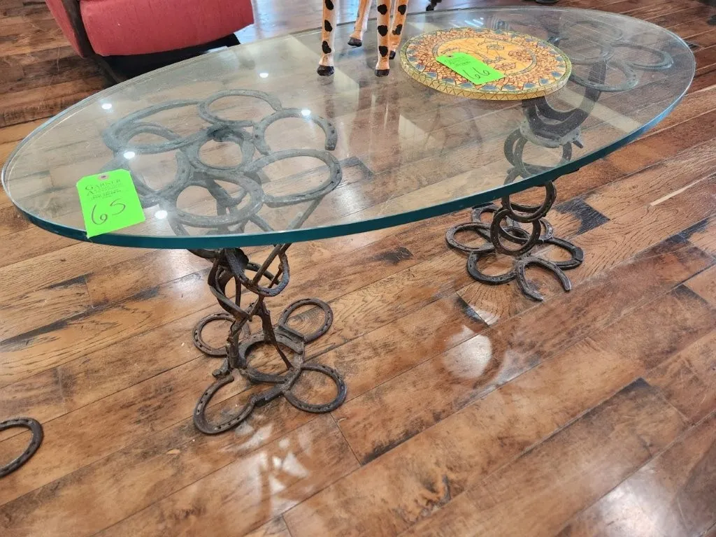 Oval Glass Top Coffee Table Horseshoe Stand