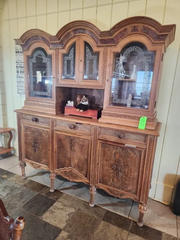 Antique Carved Wood Buffet & Hutch