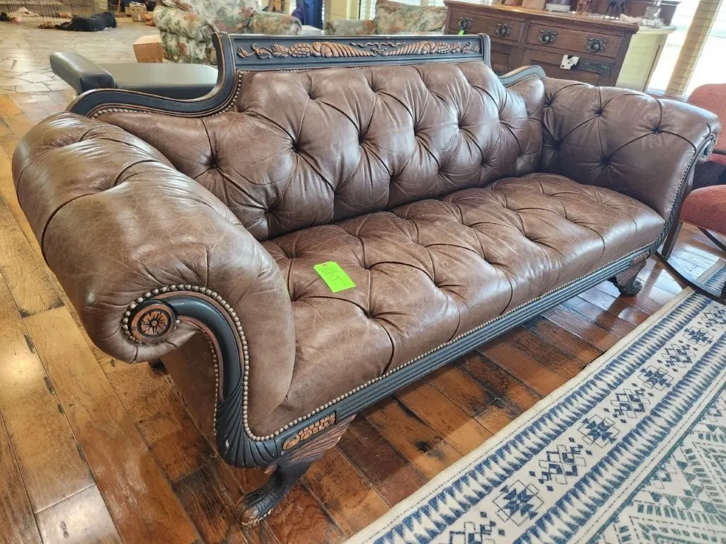 Brown Leather Sofa Ornate Carved Wood Button-Tufted Vintage Style
