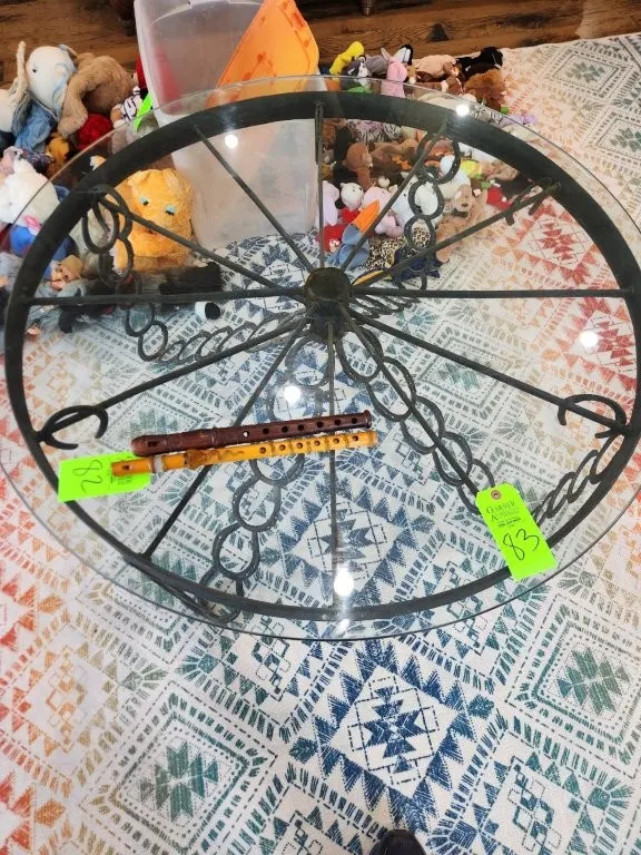Round Glass Top Wagon Wheel Horseshoe Base Coffee Table