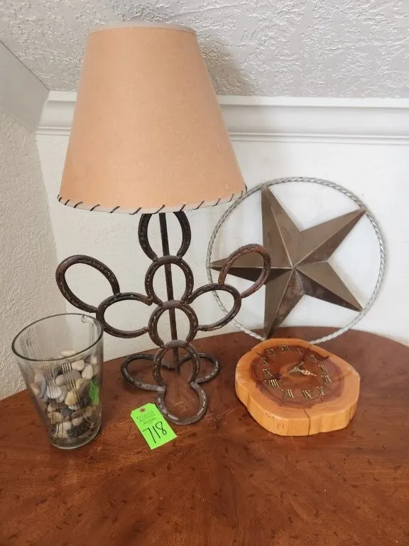 Horseshoe Lamp, Star, Clock, & Vase