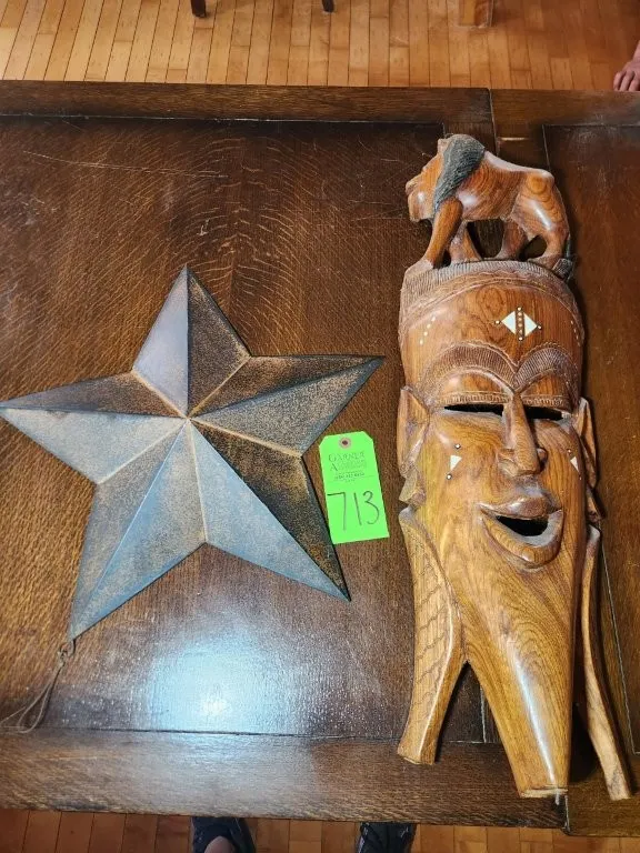 Metal Star & Hand Carved Wooden Tribal Wall Mask