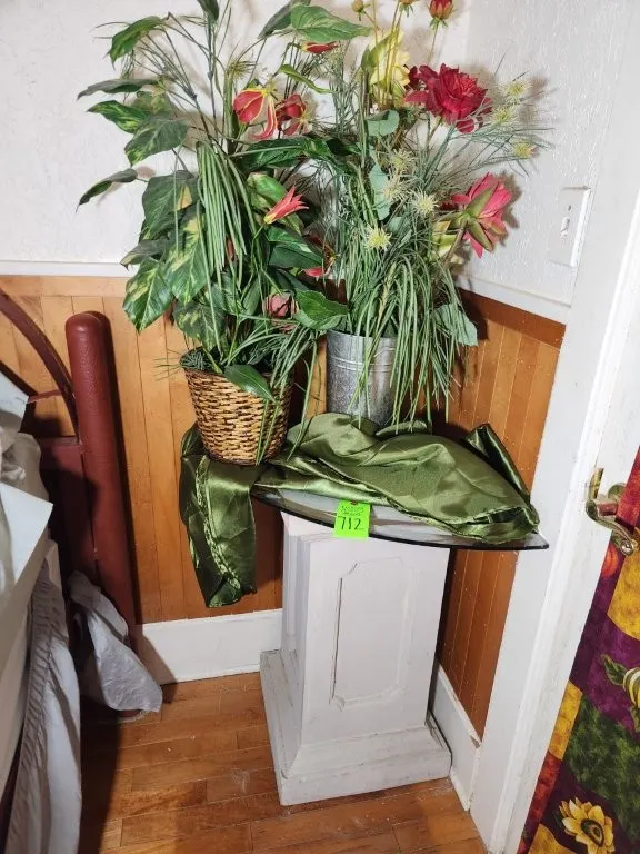 Pedestal Glass Top Table w/ Two Artificial Plants