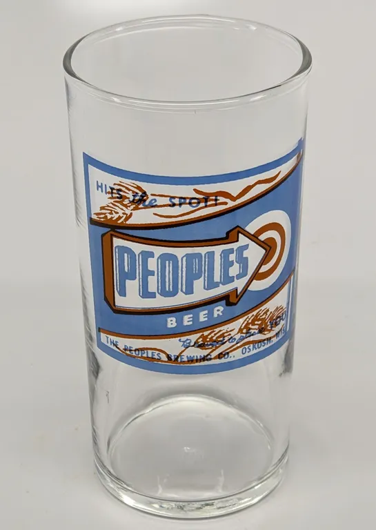 PEOPLES BEER HITS THE SPOT BEER DRINKING GLASS OSHKOSH WISCONSIN