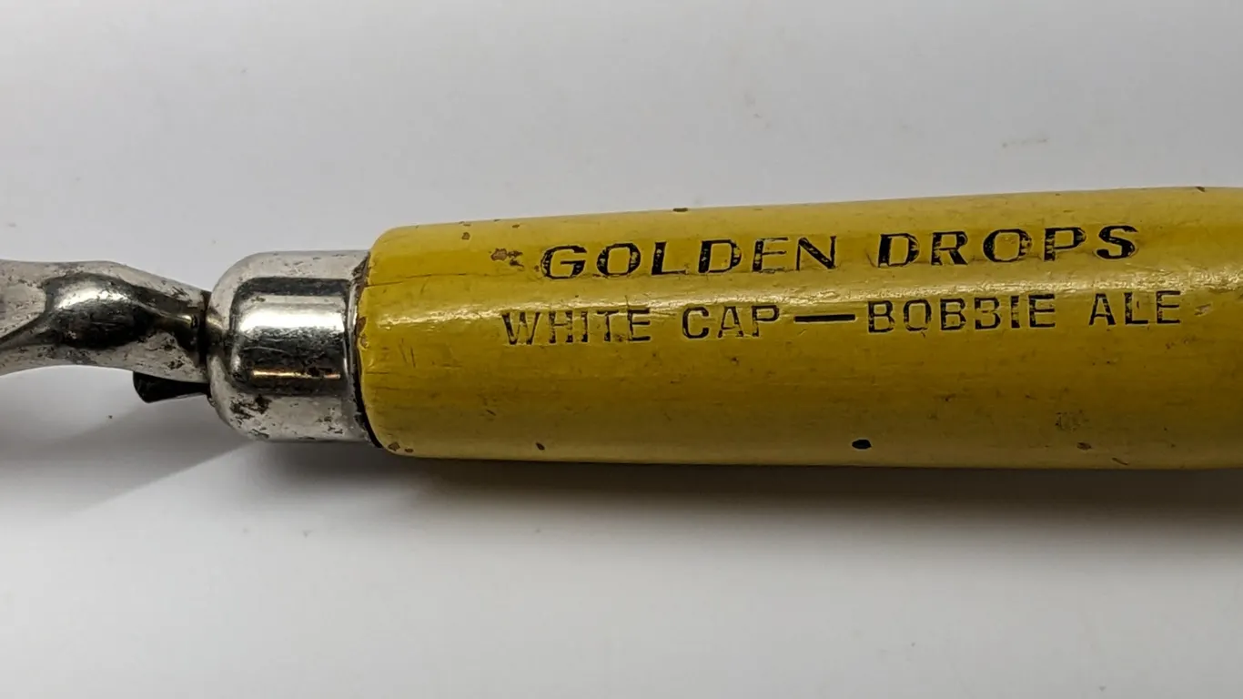 GOLDEN DROPS WHITE CAP BEER & BOBBIE ALE BOTTLE OPENER TWO RIVERS WISCONSIN