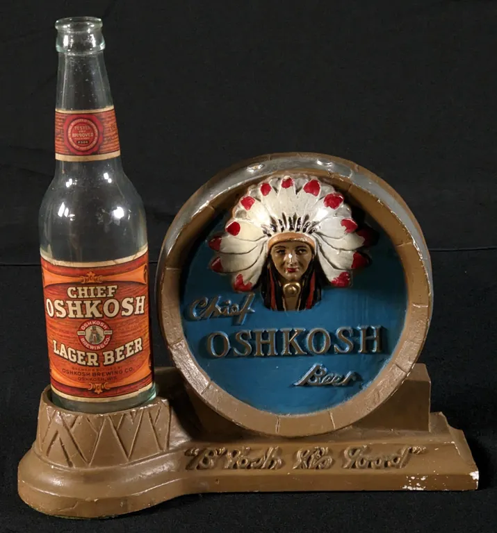 CHIEF OSHKOSH BEER PLASTER CHALK BACK BAR SIGN & U PERMIT PAPER LABEL BOTTLE WISCONSIN