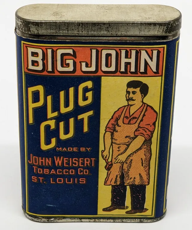 PAPER LABEL POCKET TOBACCO TIN CAN BIG JOHN PLUG CUT WEISERT CO ST LOUIS MISSOURI