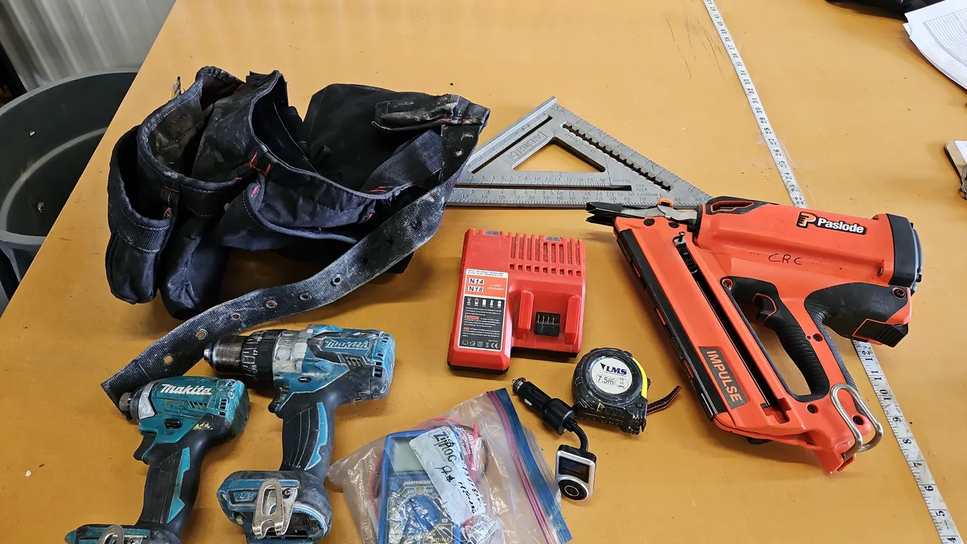 Nail gun, makita drill, impact driver and tool belt