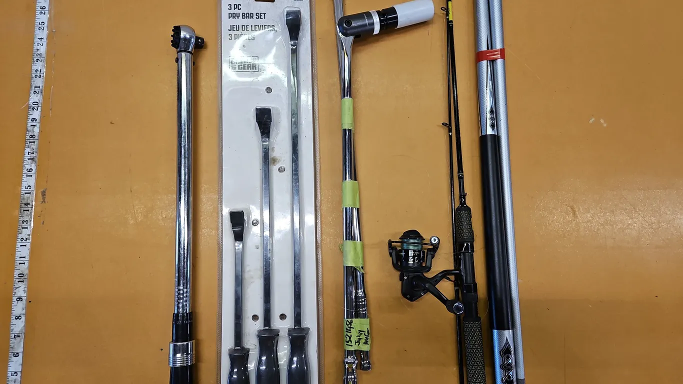 Assorted Tools, Fishing Rod, Pool Q, Bag of Straps.