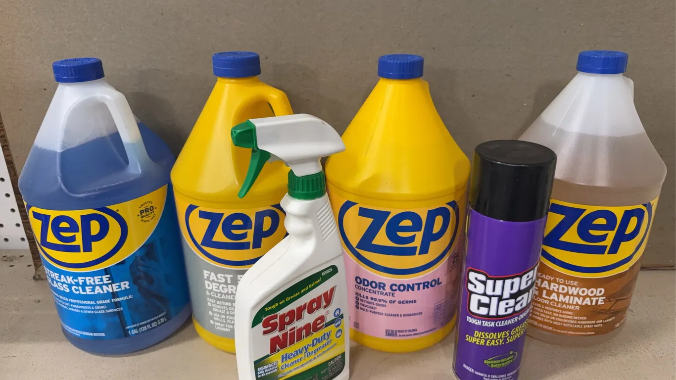 Zep glass cleaner, degreaser, odor control, and floor cleaner