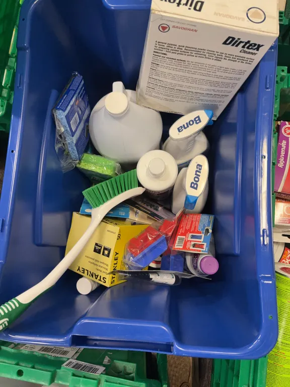 box of cleaning supplies contents only