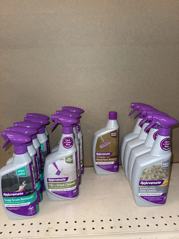 Rejuvenate brand soap, scum remover tile and grout cleaner, luxury vinyl floor cleaner, and wood res
