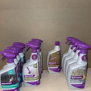 Rejuvenate brand soap, scum remover tile and grout cleaner, luxury vinyl floor cleaner, and wood res