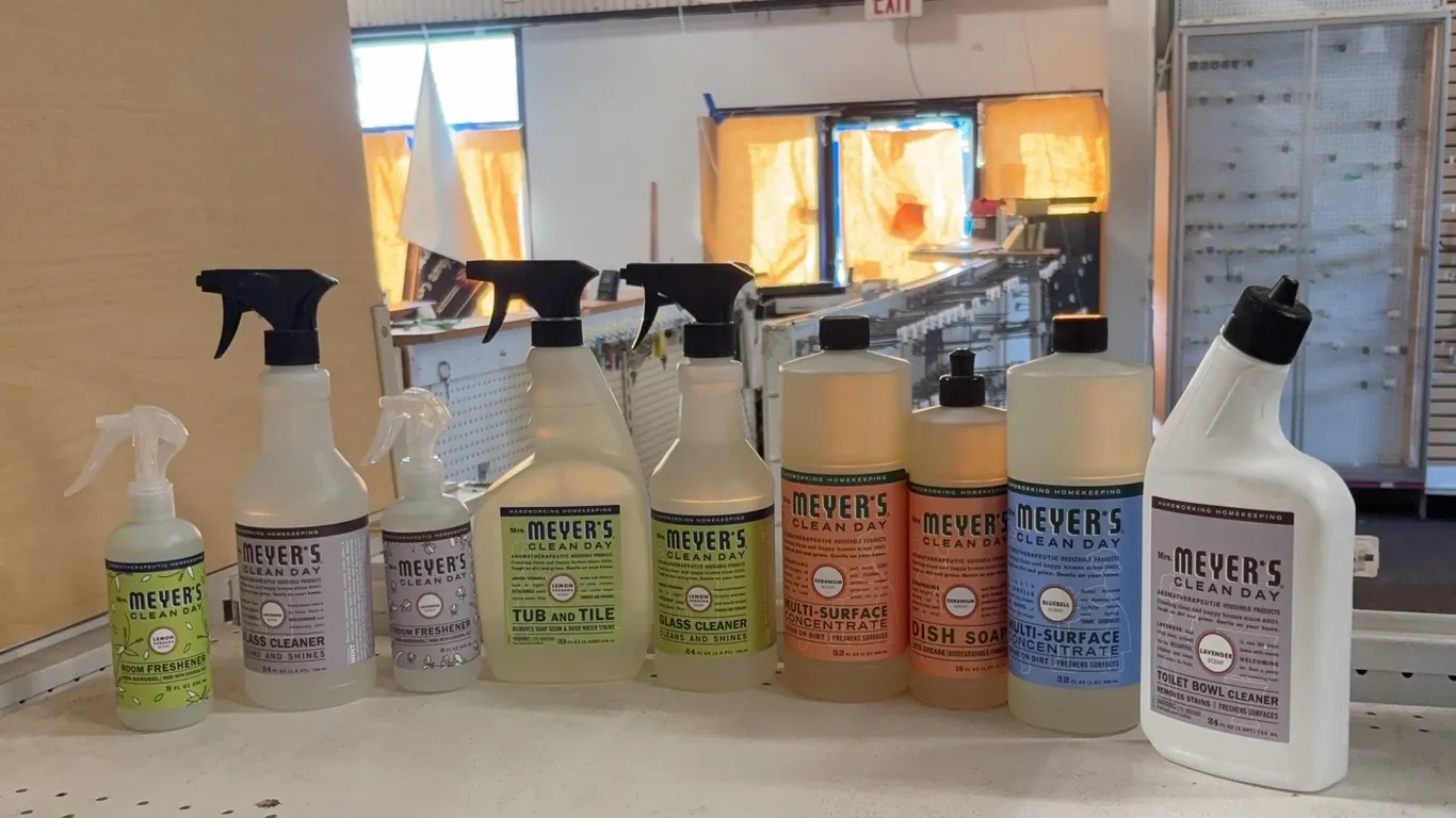 Myers glass cleaner, room, freshener, toilet bowl, cleaner, dish soap, tub, and tile cleaner