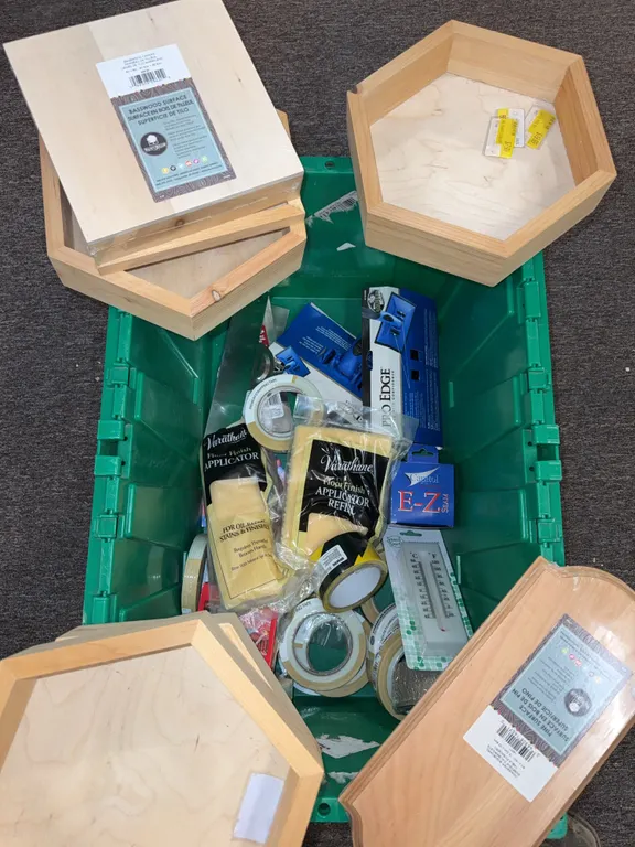 Miscellaneous hardware, tape and wood bins