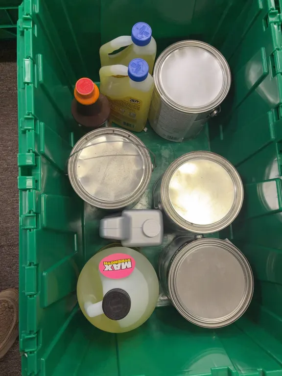 box of drain cleaner and paint contents only