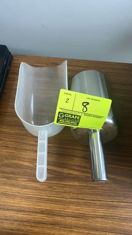 Poly and stainless steel ice scoops. Includes (1) Steel-Art Products translucent plastic ice scoop and (1) stainless steel ice scoop with cylindrical