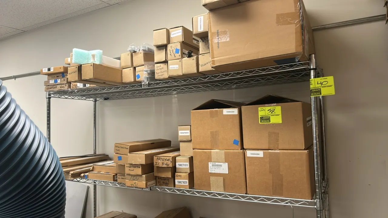 Stainless steel multi-tier portable wire shelving rack. Features (4) wire shelves. 72" x 18". Mounted on casters. Contents not included.