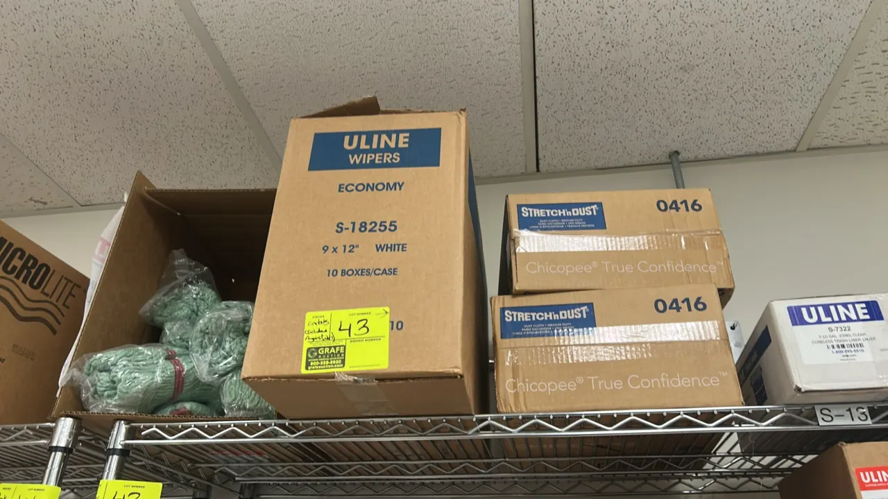Assorted cleaning, laboratory, and packaging supplies. Includes mop heads, Webril Handi-Pads, plastic bowls and lids, Uline glass jars, Chicopee dust