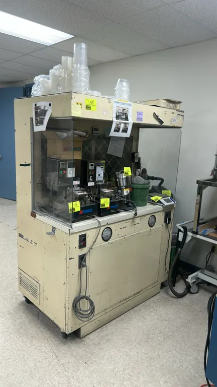 Ventilated lab workstation. Features dual Dwyer Magnehelic differential pressure gauges, push-button controls, integrated duplex electrical outlets, c