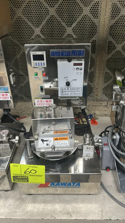 Kawata SMP-2 Super Mixer Piccolo benchtop high-speed mixer. Features stainless steel construction, Panasonic digital timer, variable speed dial contro