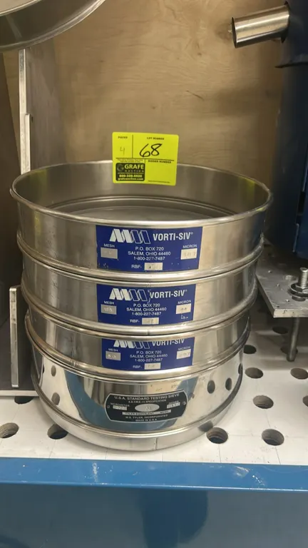 Vorti-Siv and W.S. Tyler stainless steel vibratory separator test sieves. Features nesting circular frames with stainless steel wire mesh screens.