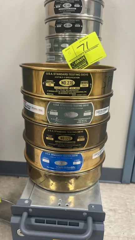 U.S.A. Standard testing sieves. Features brass frame construction with woven wire mesh. Includes sizes No. 20 (850 µm), No. 120 (125 µm), No. 200 (75