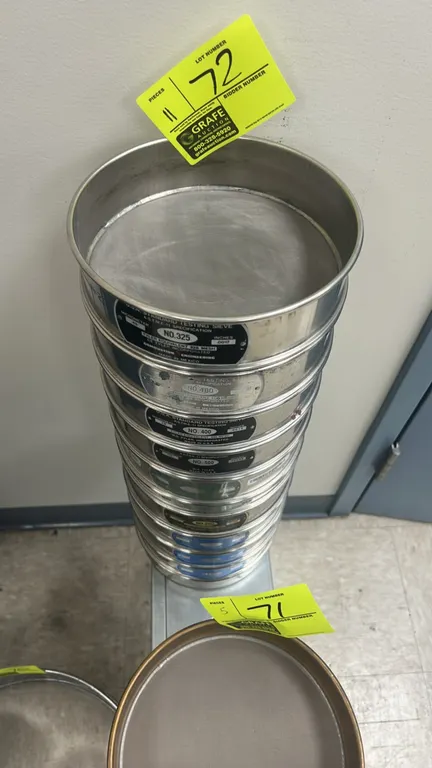 W.S. Tyler stainless steel U.S.A. standard testing sieves. Features ASTM E-11 specification wire cloth mesh, including No. 325, No. 400, and No. 500 s