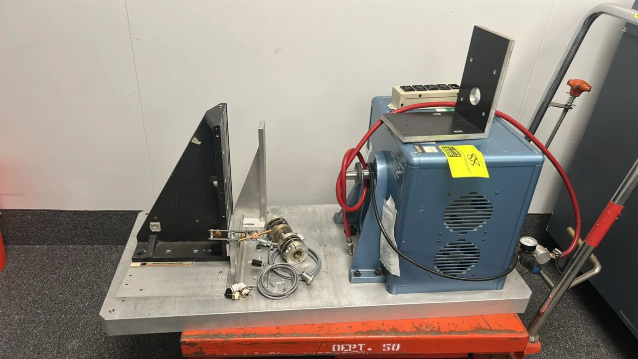 Magtrol HD-800-6 dynamometer motor testing unit. S/N: 7083. Features a 100.0 lb-in capacity hysteresis dynamometer mounted to an aluminum base plate w