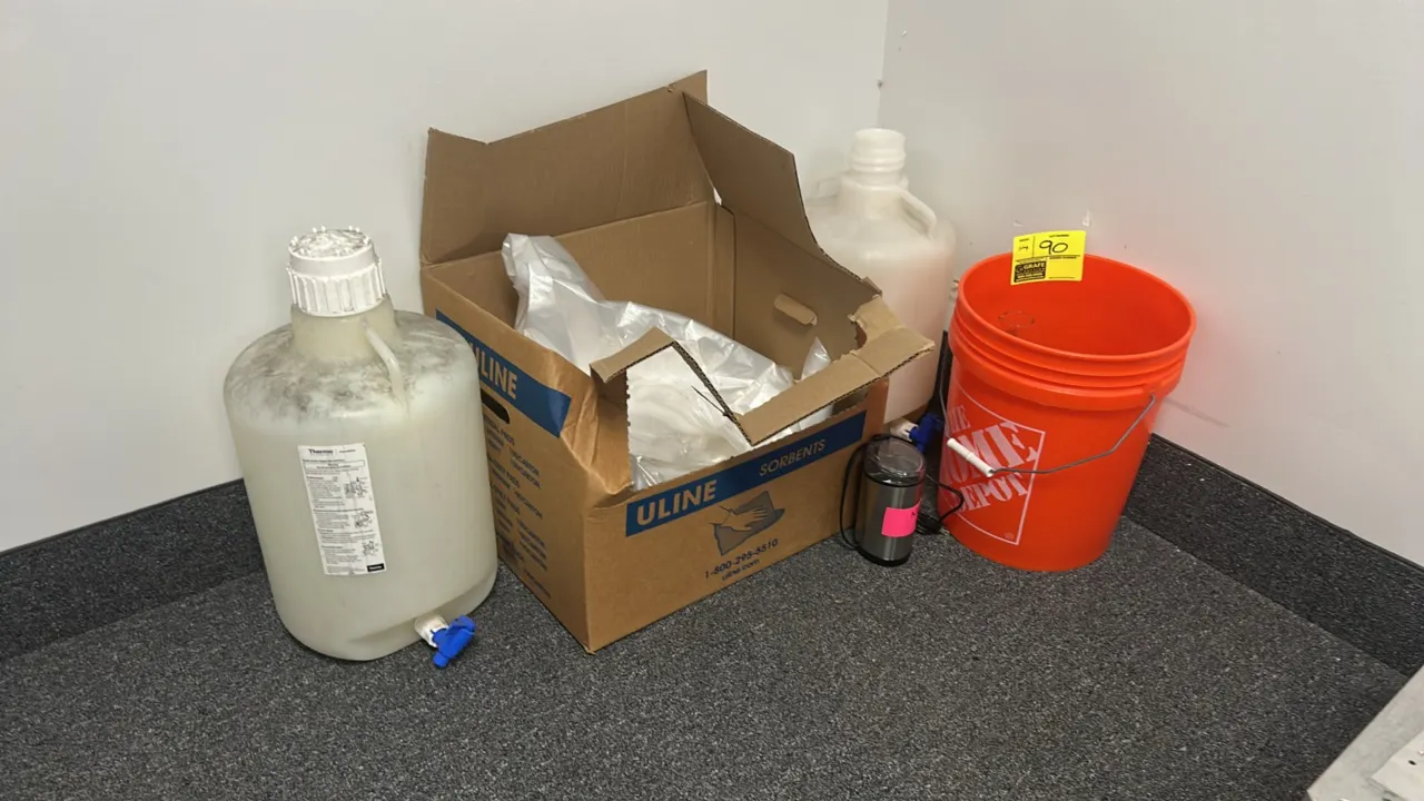 Laboratory poly containers, glassware, and accessories package lot. Includes (2) plastic carboys with dispensing spigots (one Thermo Scientific), a bo