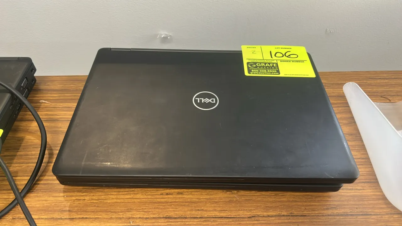 2019 Dell Latitude 5491 14" laptops. Features integrated webcam, keyboard with pointing stick, and trackpad. Reg Model: P72G. Electrical: 19.5V.