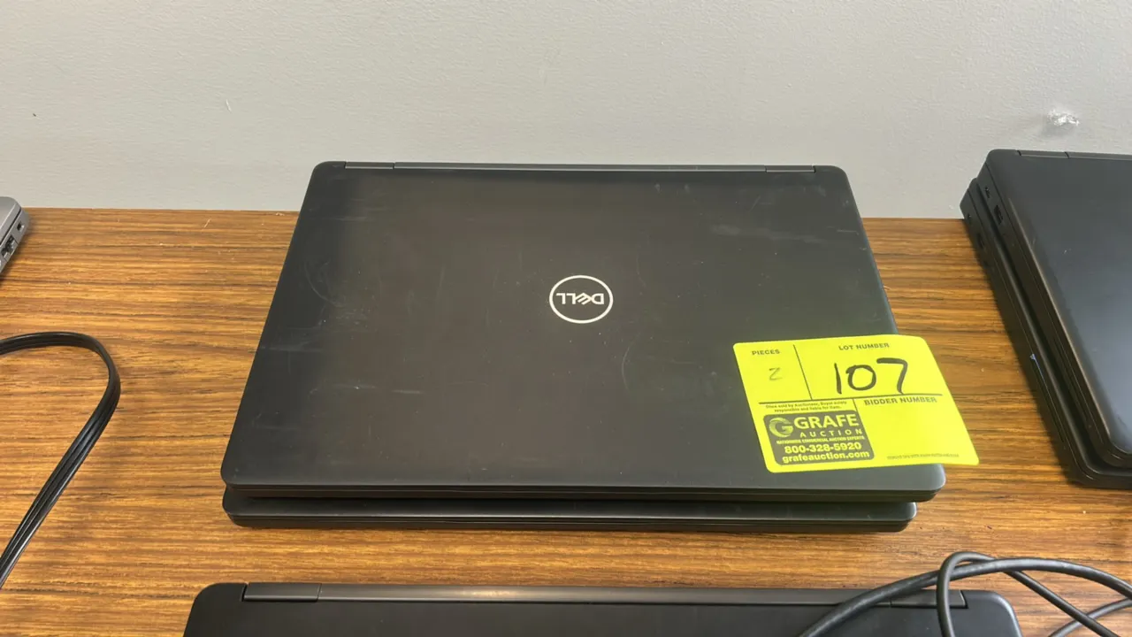 2018 Dell Latitude 5491 14" laptops. Features integrated webcam, keyboard with pointing stick, and touchpad. Reg Model: P72G. Electrical: 19.5V.
