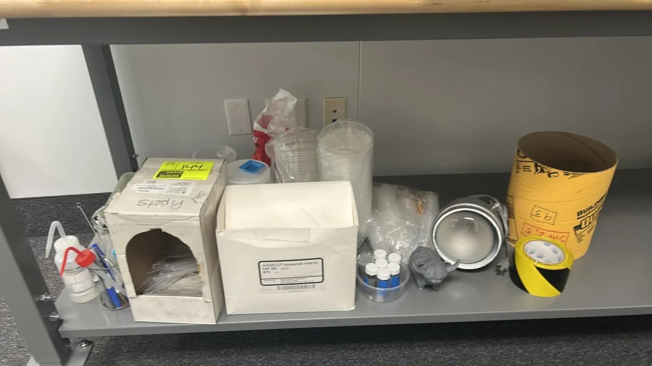 Laboratory supplies lot. Includes Samco transfer pipets (Cat. No. 202), CDN digital timer, plastic bowls, cups, and lids, glass beakers, wash bottle,
